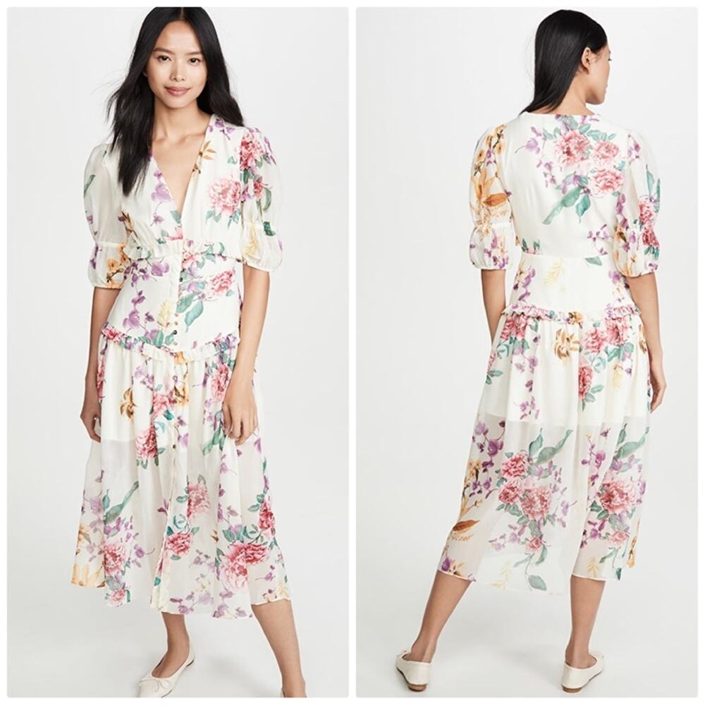 Keepsake Women's About Us V-Neck Floral Ruffle Trim Midi Dress Size Small‎
